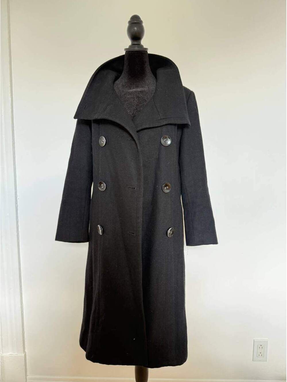 Vintage Black Wool Blend Double Breasted Long Coat High Collar